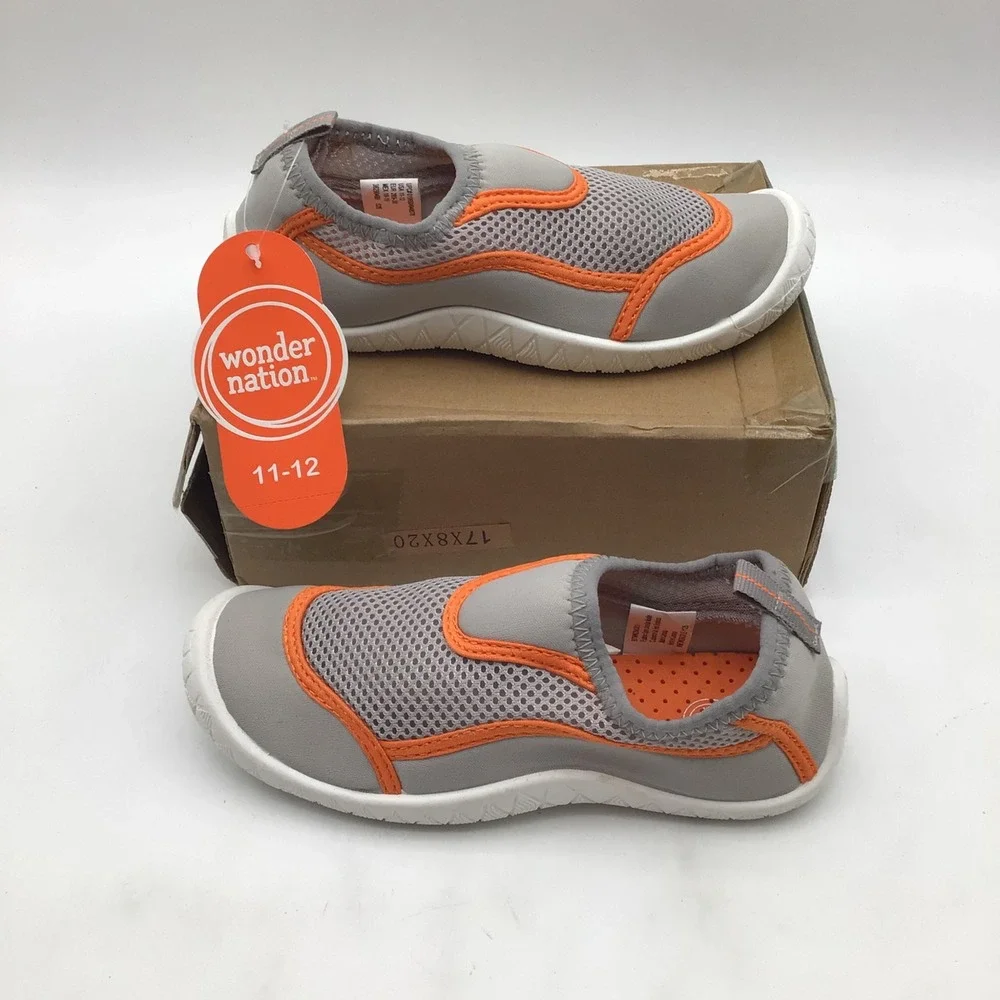 Wonder Nation Boys Grey Orange Mesh Water Shoes Slip On Size 11-12 NEW